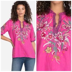 Johnny Was Jessica Orchid Embroidered Linen Top Floral Women's Small Relaxed Fit